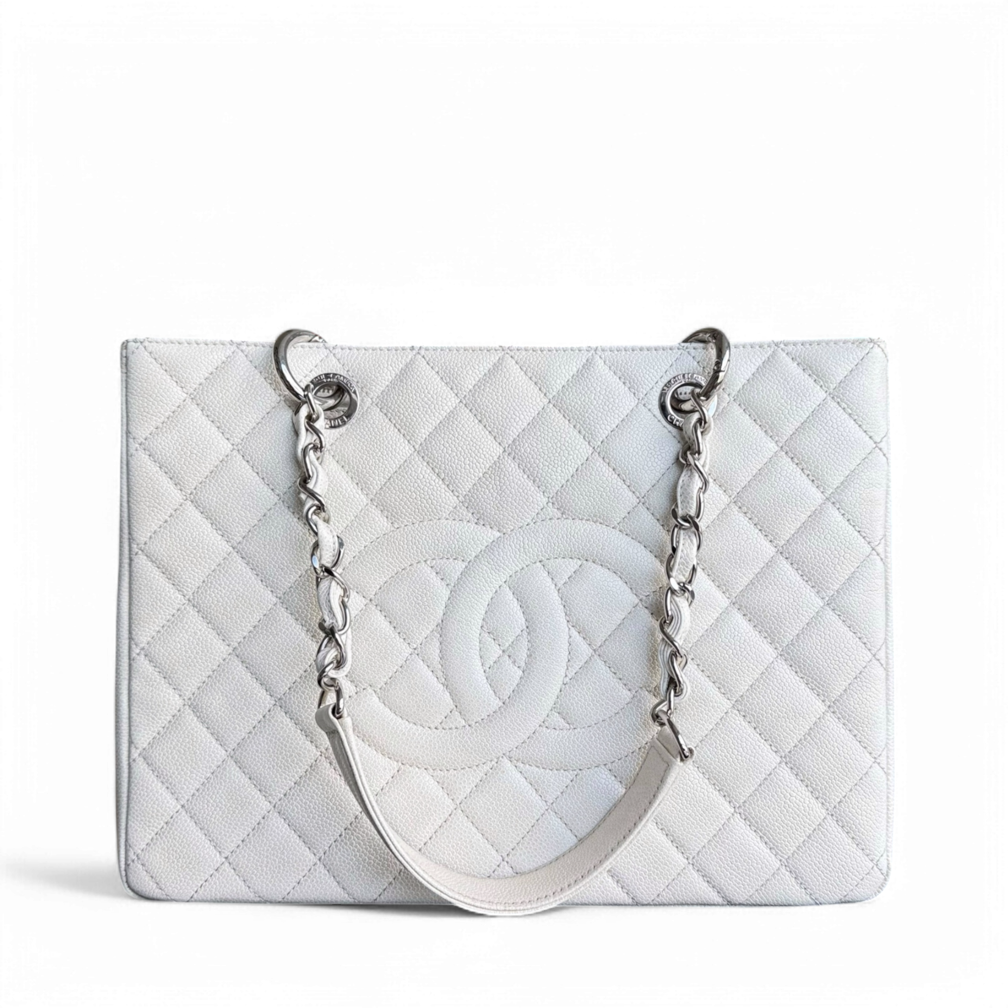 Chanel GST Grand Shopping Tote - Caviar Quilted White Silver Hardware Series 18