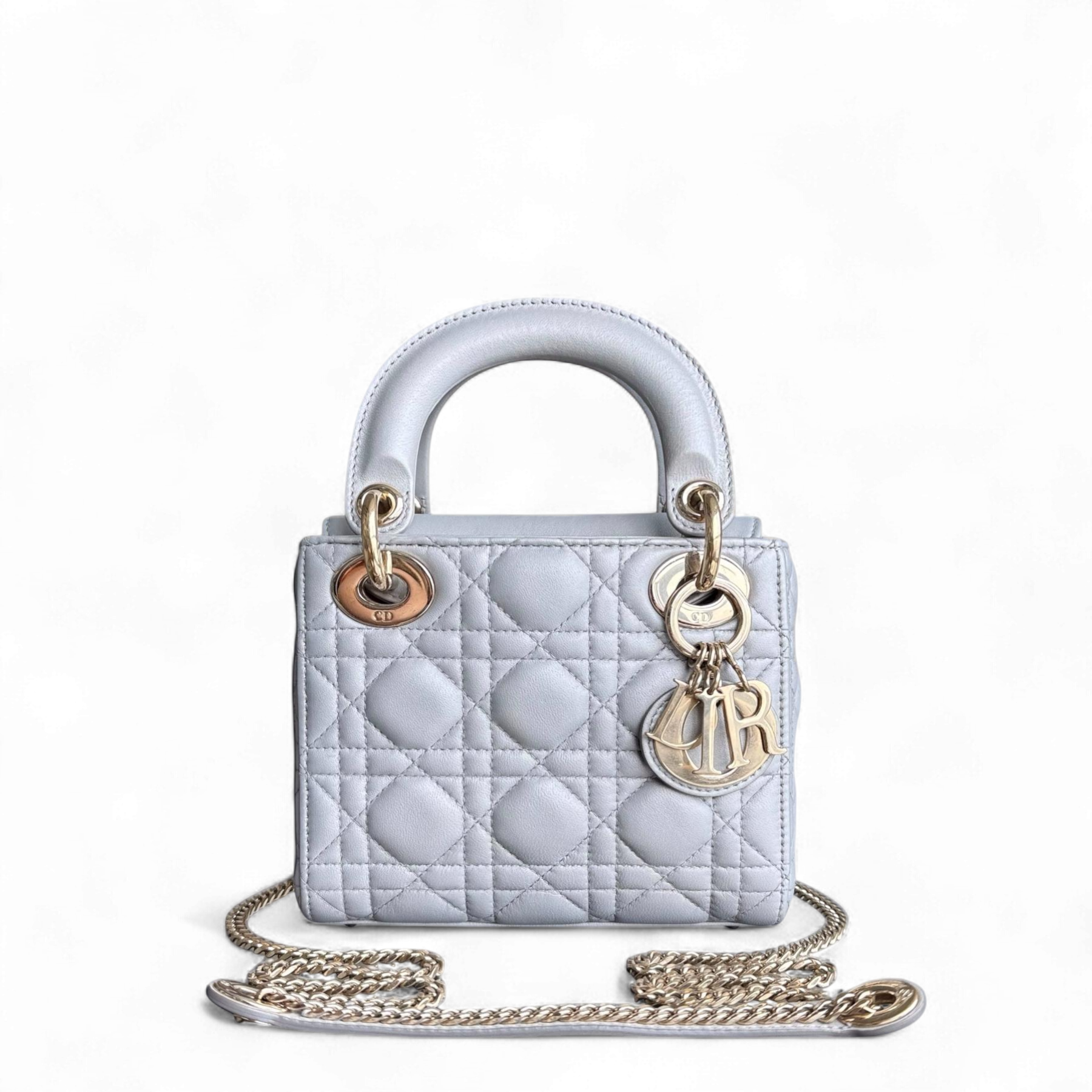 Dior Lady Mini - Cannage Lambskin Grey Gray Gold Hardware Chain Strap
