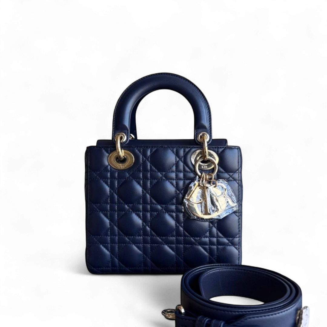 Dior Lady Small Flap - Cannage Lambskin Dark Navy Blue Gold Hardware with Charms