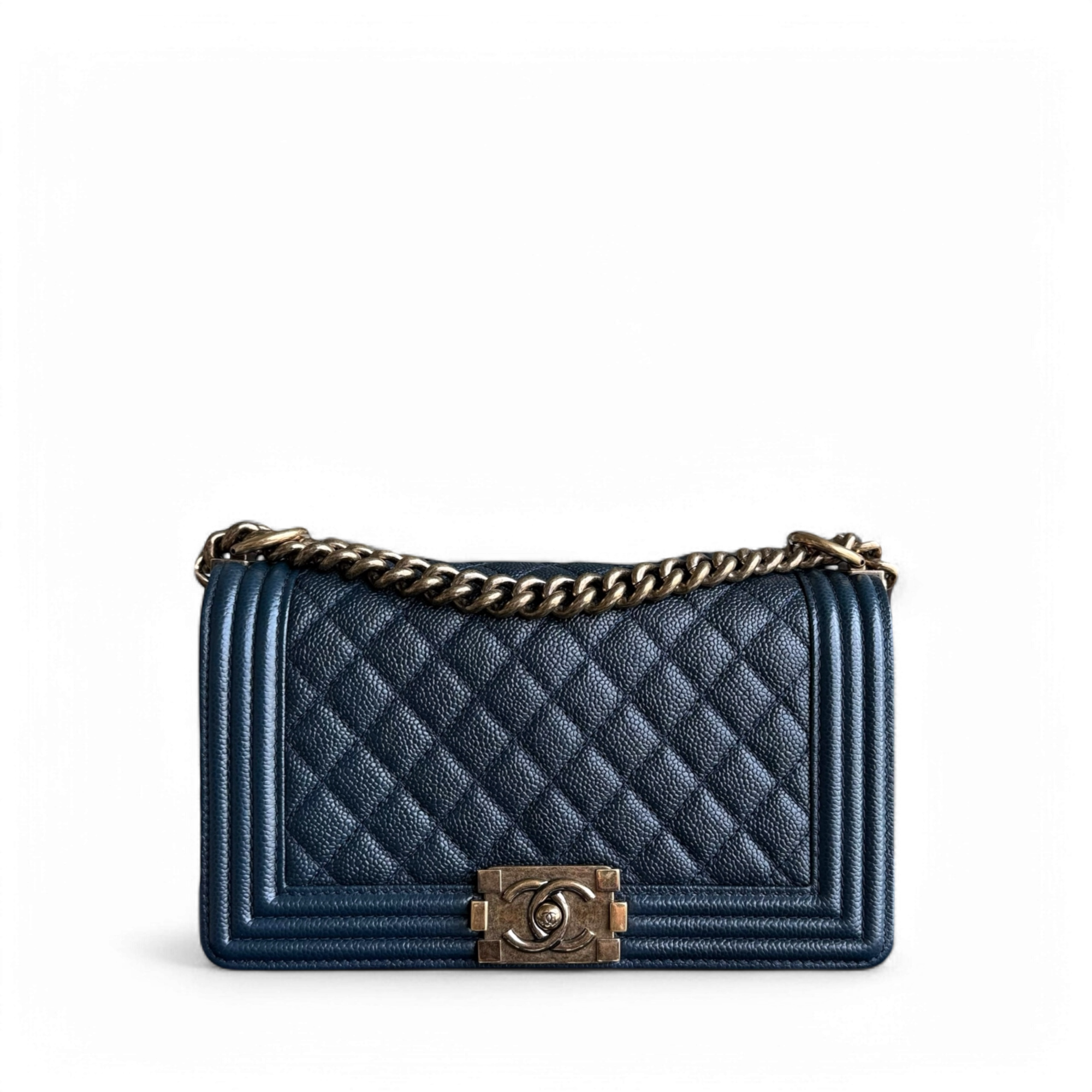 Chanel Boy Medium - Caviar 25CM Quilted Dark Blue Ruthenium Gold Hardware Series 19