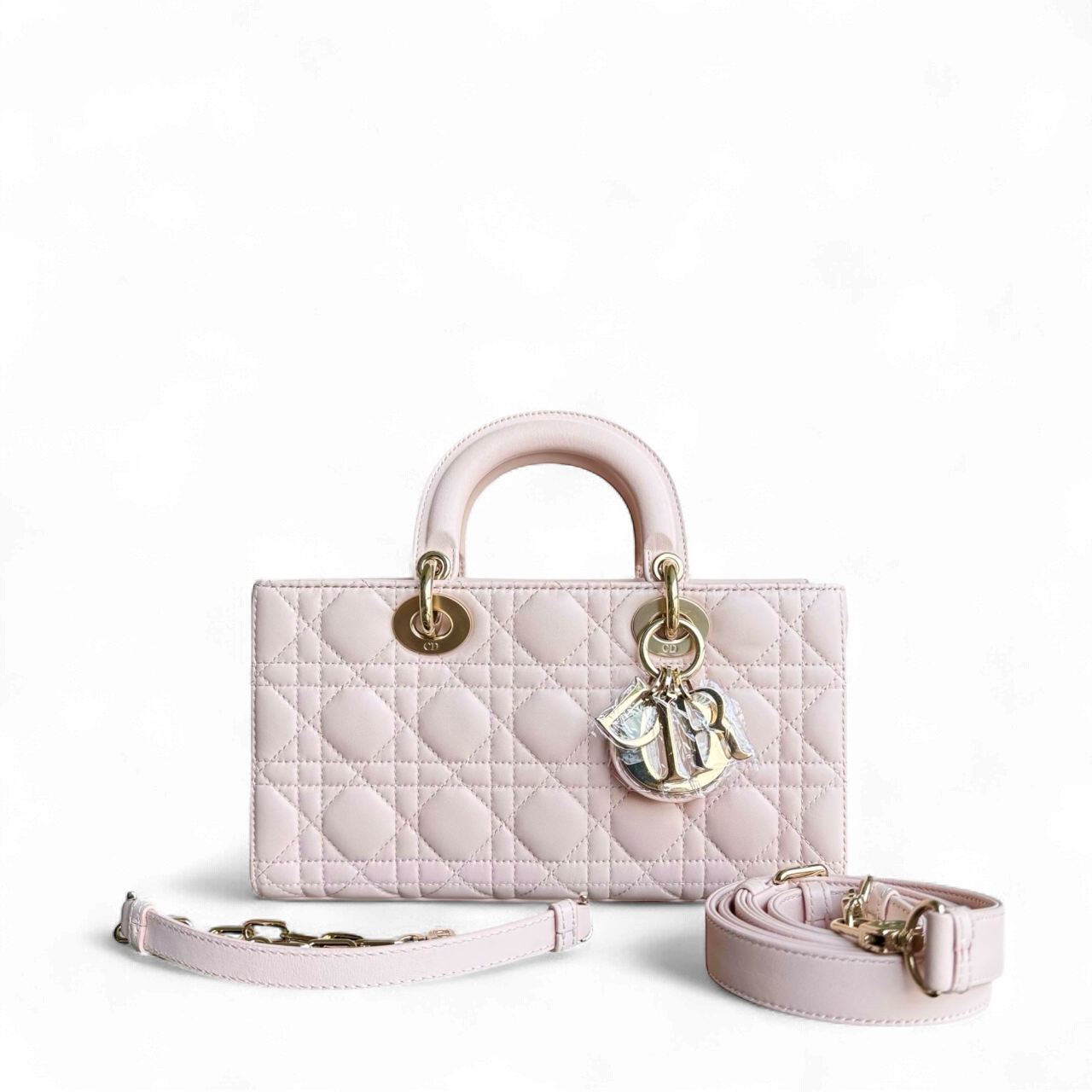 Dior D-Joy Medium - Cannage Lambskin Light Pink Gold Hardware