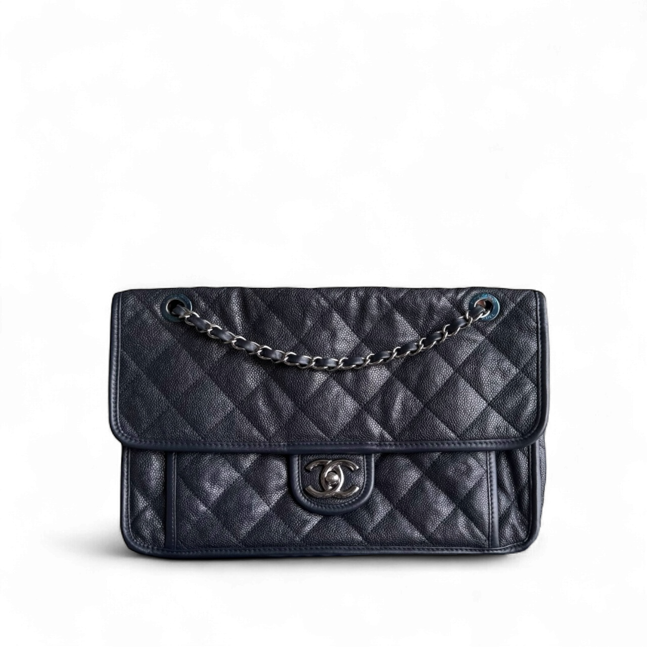 Chanel French Riviera Jumbo - Caviar Quilted Dark Blue Silver Hardware Series 20