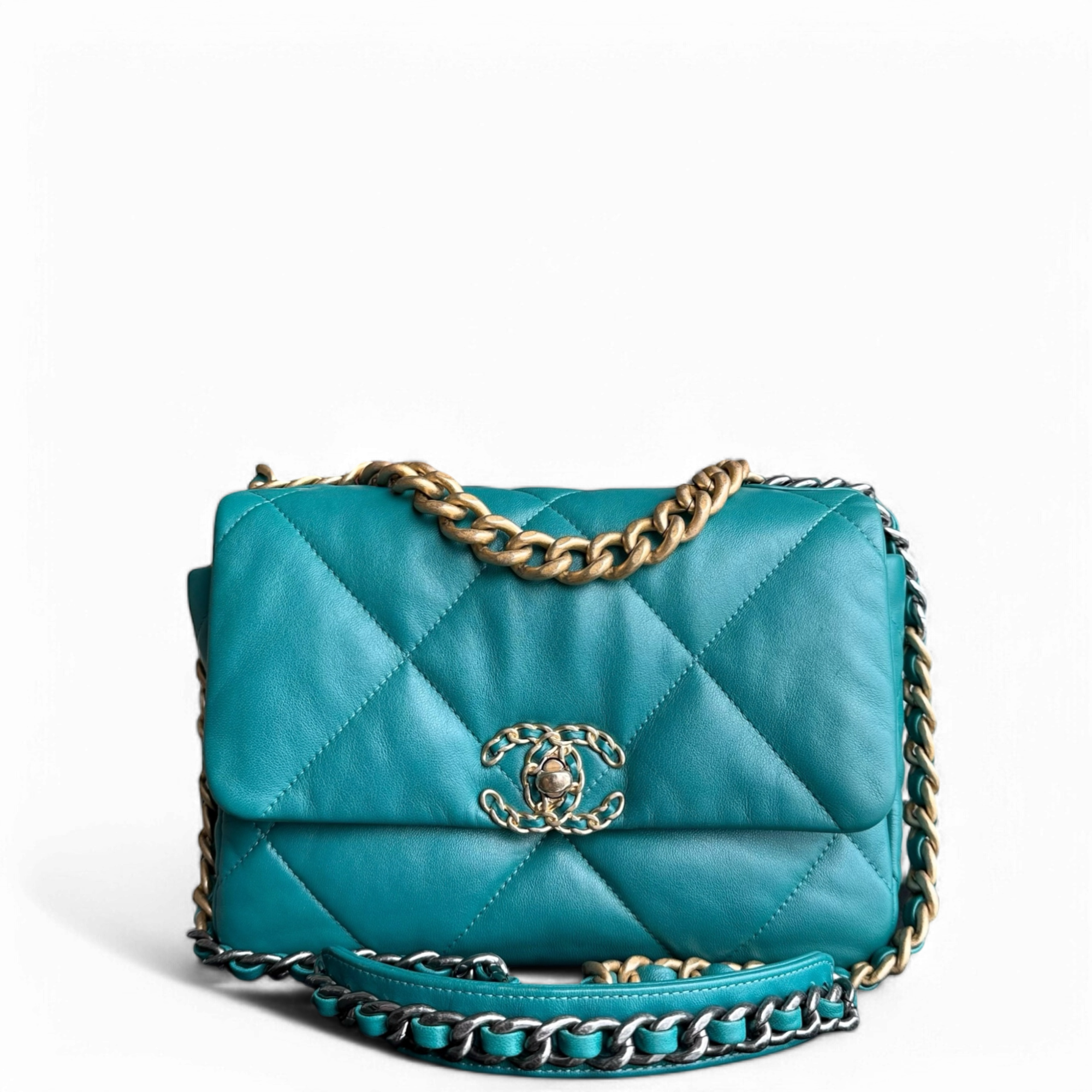Chanel 19 Bag Small - Quilted Goatskin Green Blue Two-tone Hardware Series 30