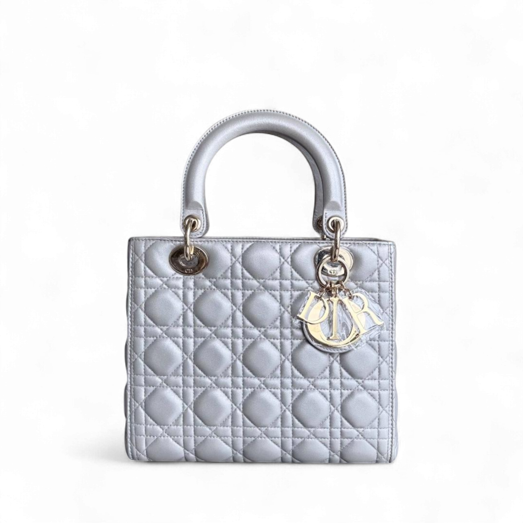 Dior Lady Medium - Cannage Lambskin Grey Gray Gold Hardware NO STRAP