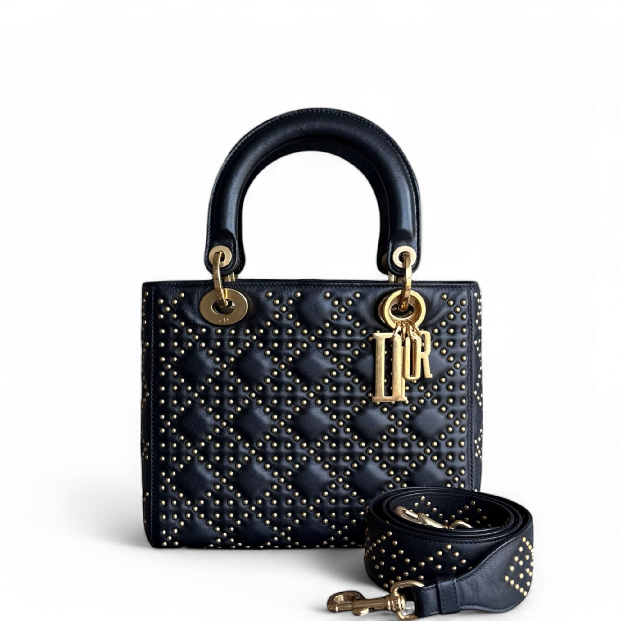 Dior Lady Medium Flap - Studded Cannage Calfskin Black Gold Hardware