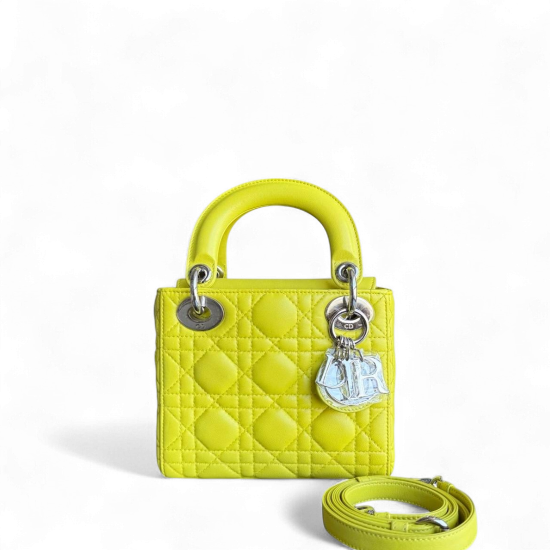 Dior Lady Mini - Cannage Lambskin Yellow Silver Hardware Adjustable Strap