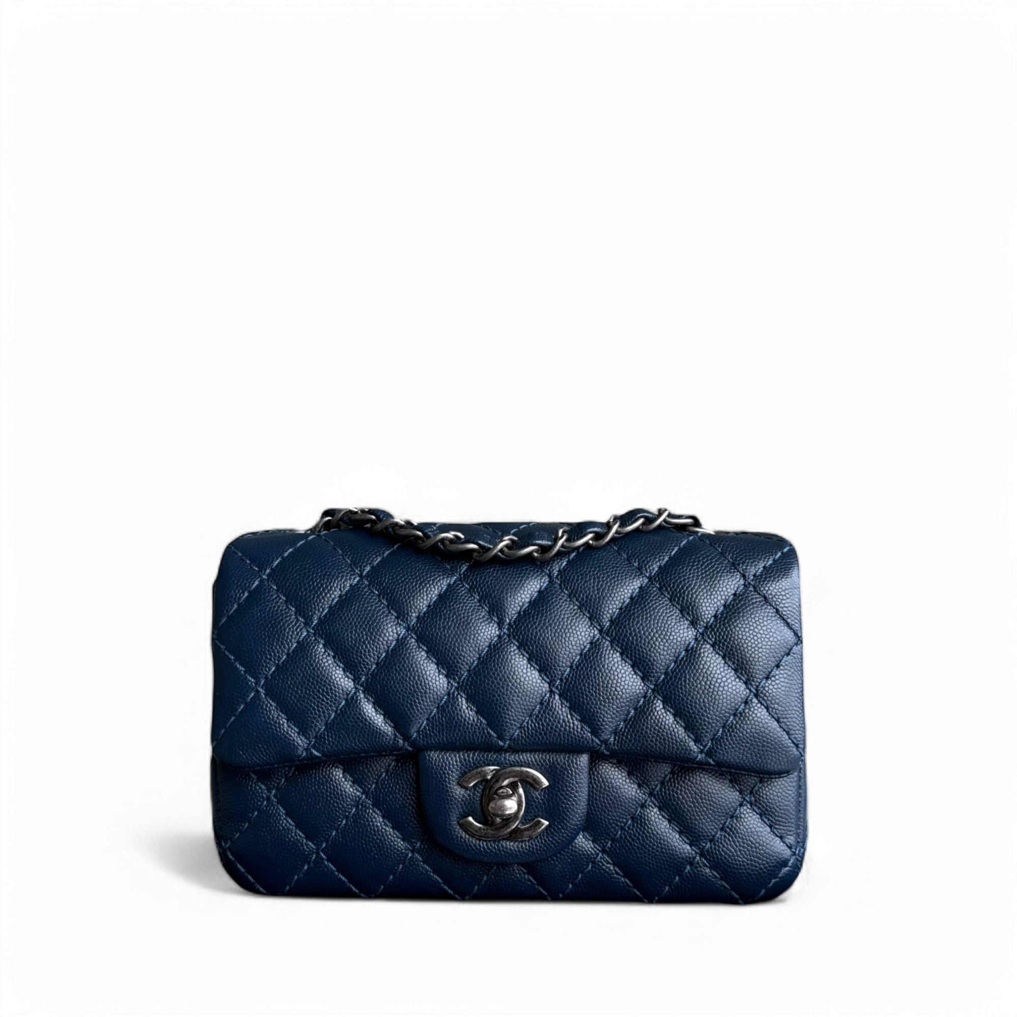 Chanel Classic Flap Mini Rectangle - Caviar 20CM Quilted Dark Blue Ruthenium Silver Hardware Series 23