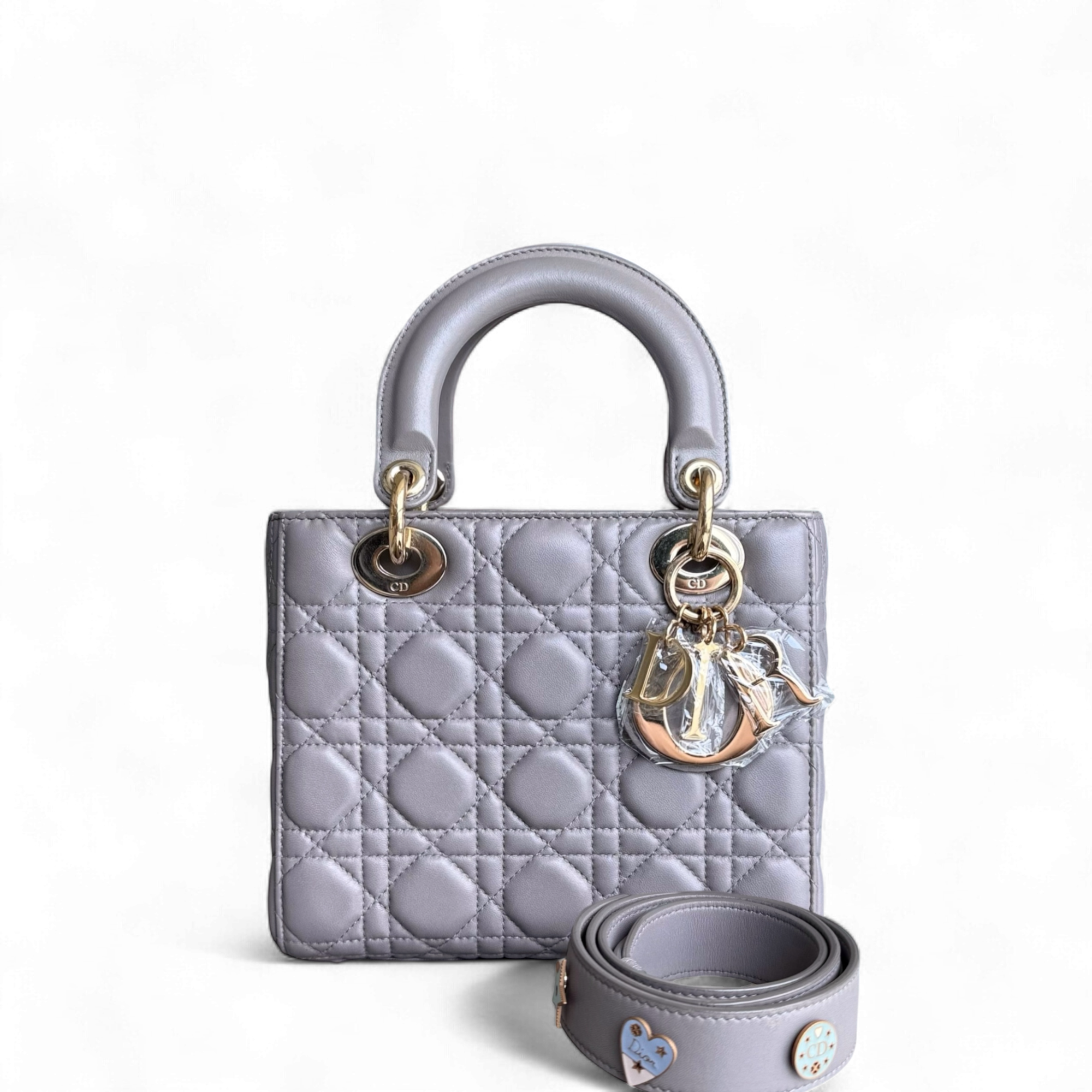 Dior Lady Small - Cannage Lambskin Grey Gray Gold Hardware