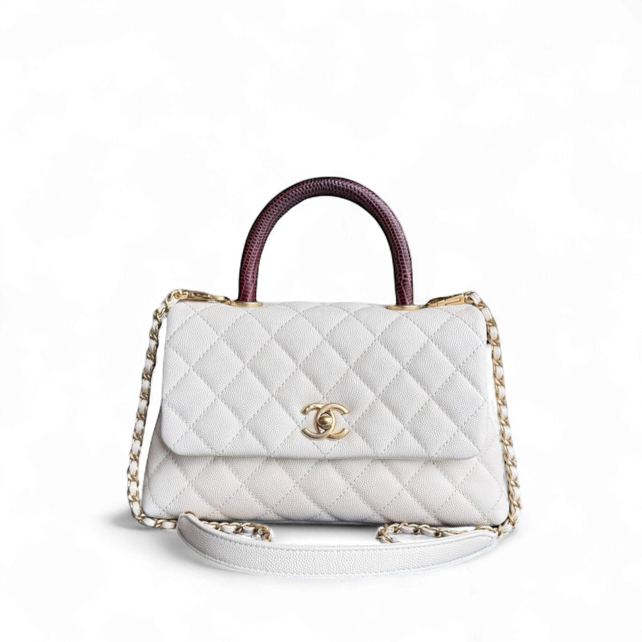 Chanel Coco Handle Small - Caviar Quilted Lizard Handle White Gold Hardward 24