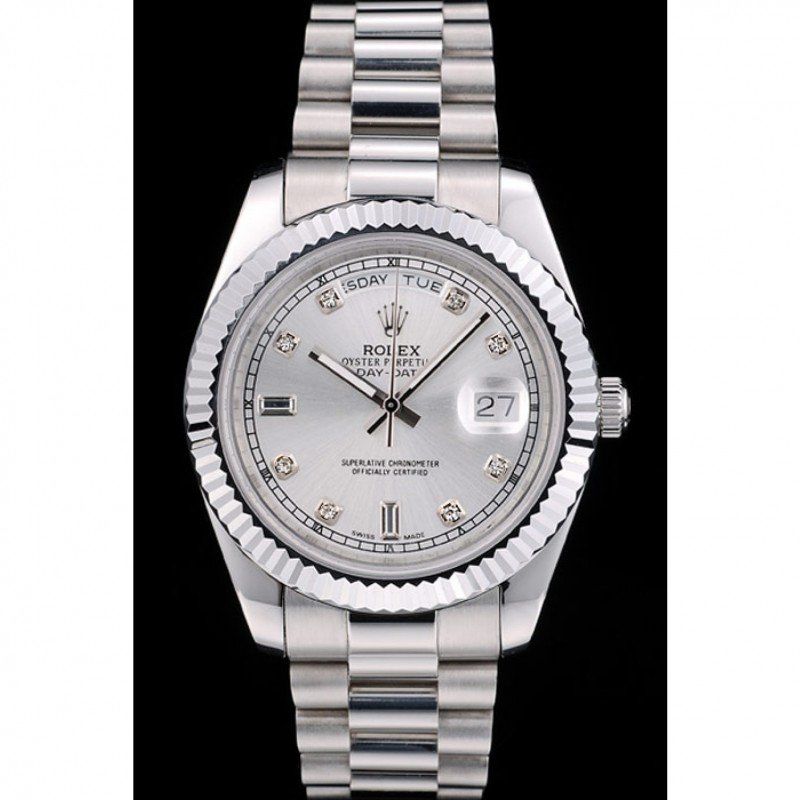 Rolex DayDate Stainless Steel Ribbed Bezel Silver Dial 41995