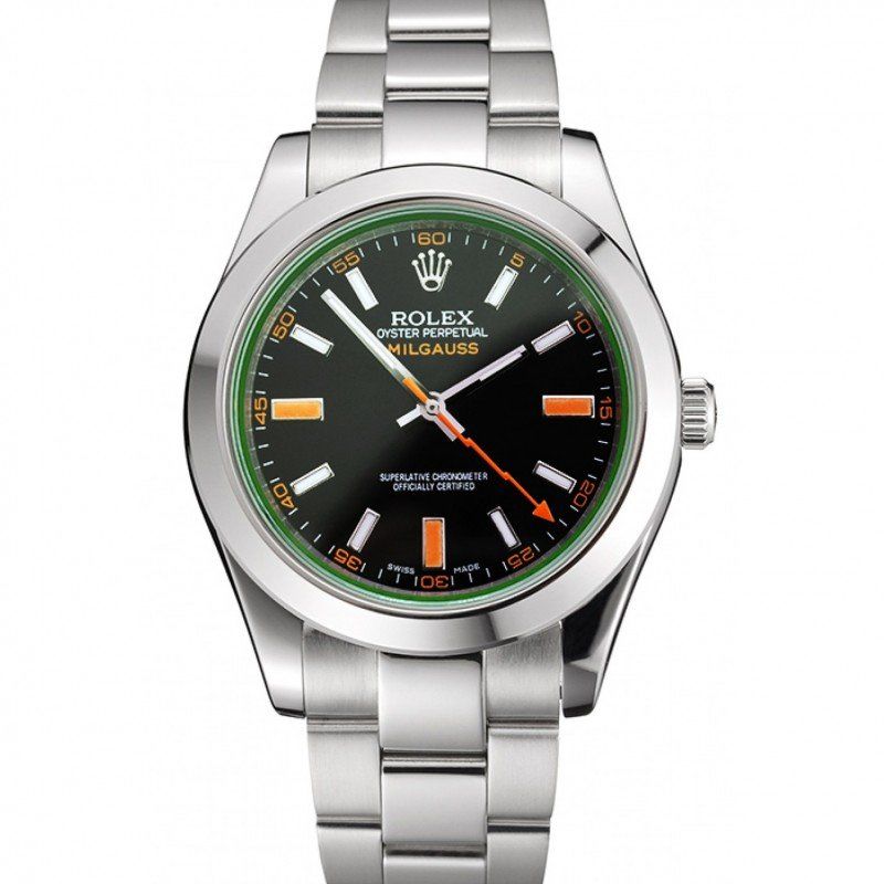 Rolex Milgauss Black Dial Orange Markings Stainless Steel Case And Bracelet