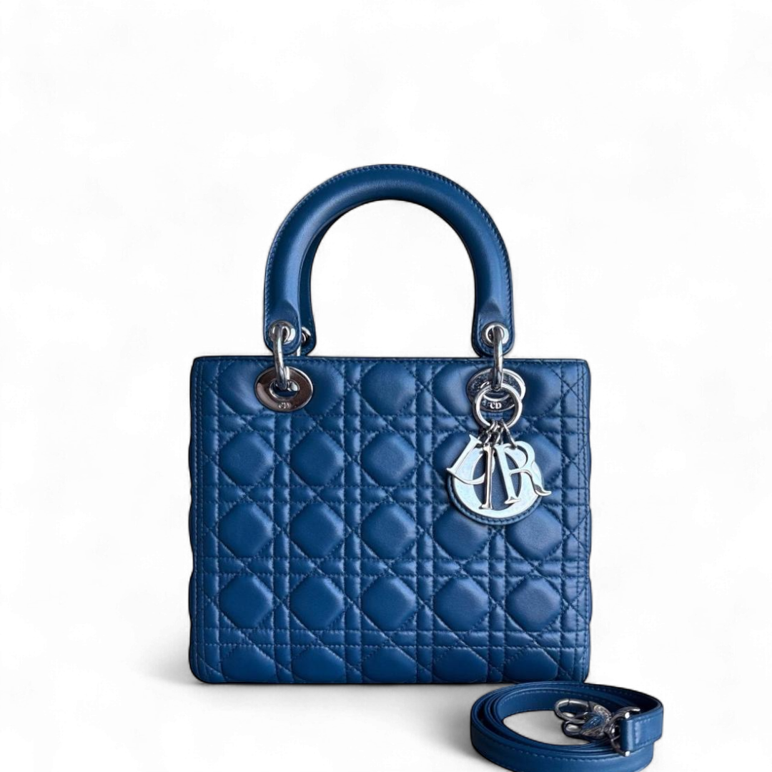 Dior Lady Medium - Cannage Lambskin Blue Silver Hardware