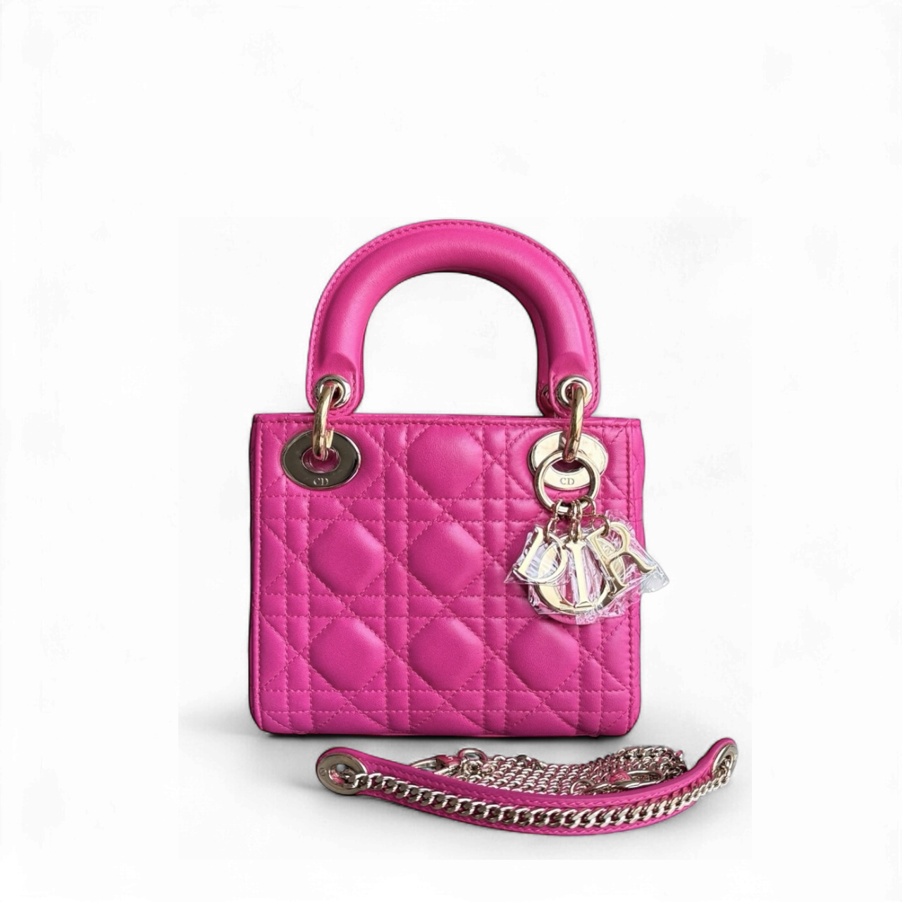 Dior Lady Mini - Cannage Lambskin Hot Pink Gold Hardware Chain Strap