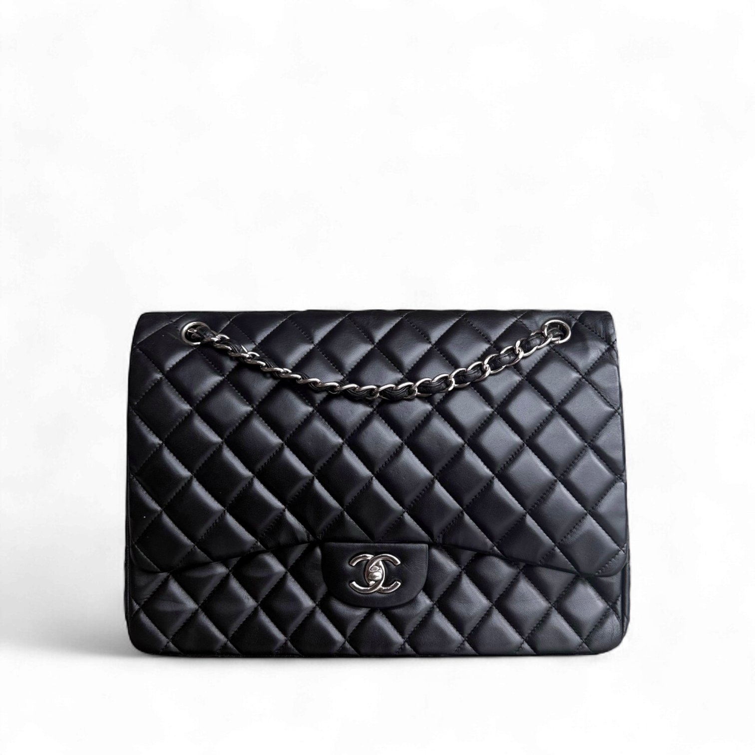 Chanel Classic Flap Maxi - 34CM Quilted Single Flap Lambskin Black Silver Hardware Series 13