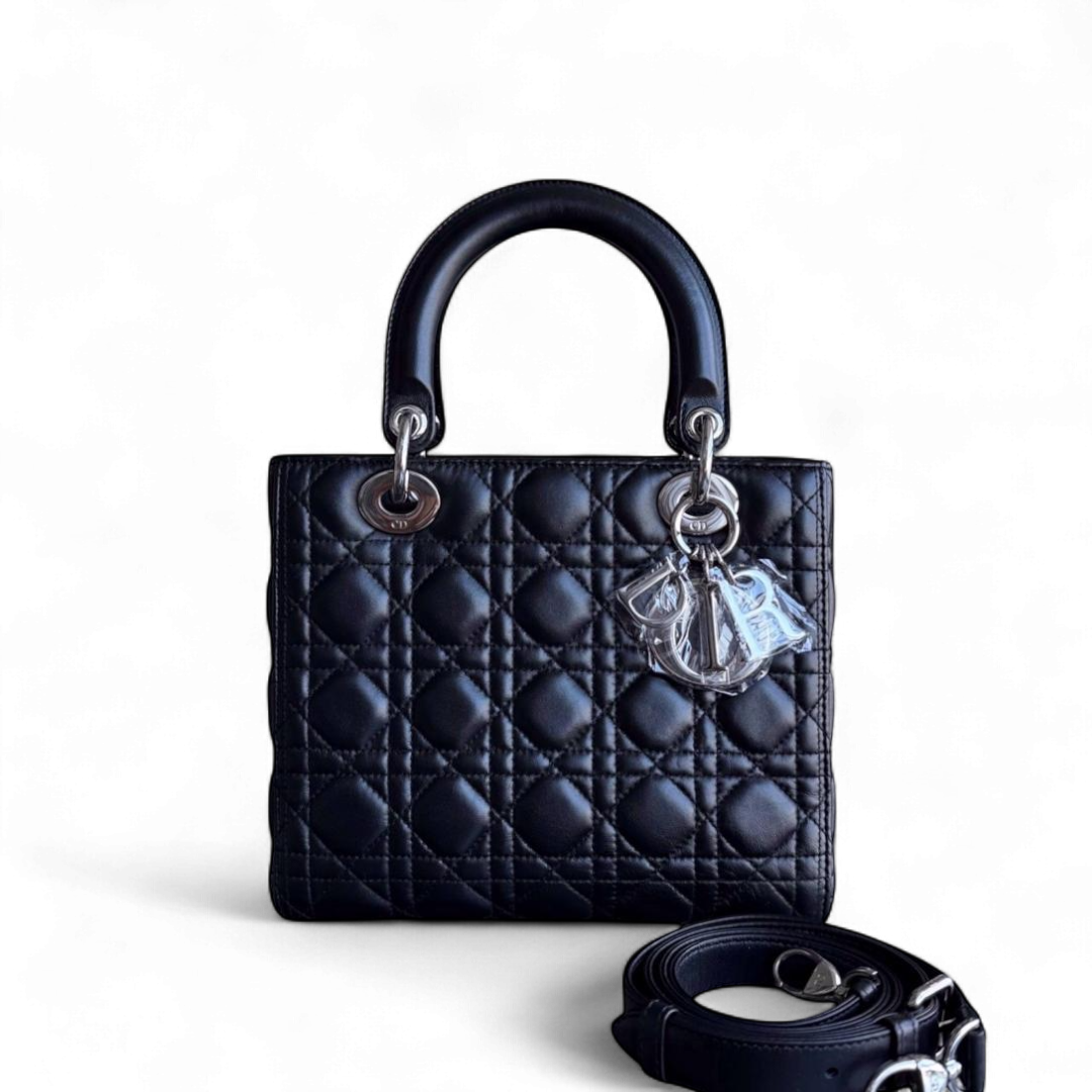 Dior Lady Medium - Cannage Lambskin Black Silver Hardware Adjustable Strap