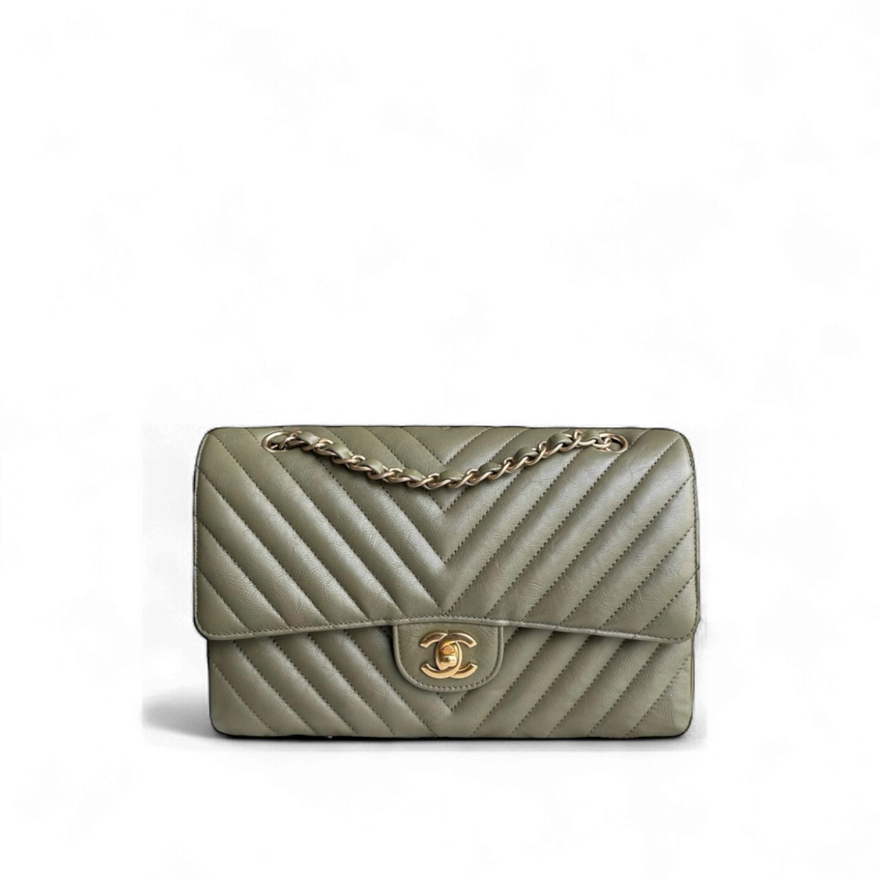 Chanel Classic Flap Medium - 25CM Chevron Grained Calfskin Olive Green Gold Hardware Series 23