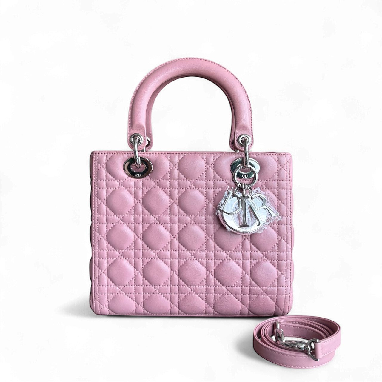 Dior Lady Medium Cannage Lambskin Pink Silver Hardware