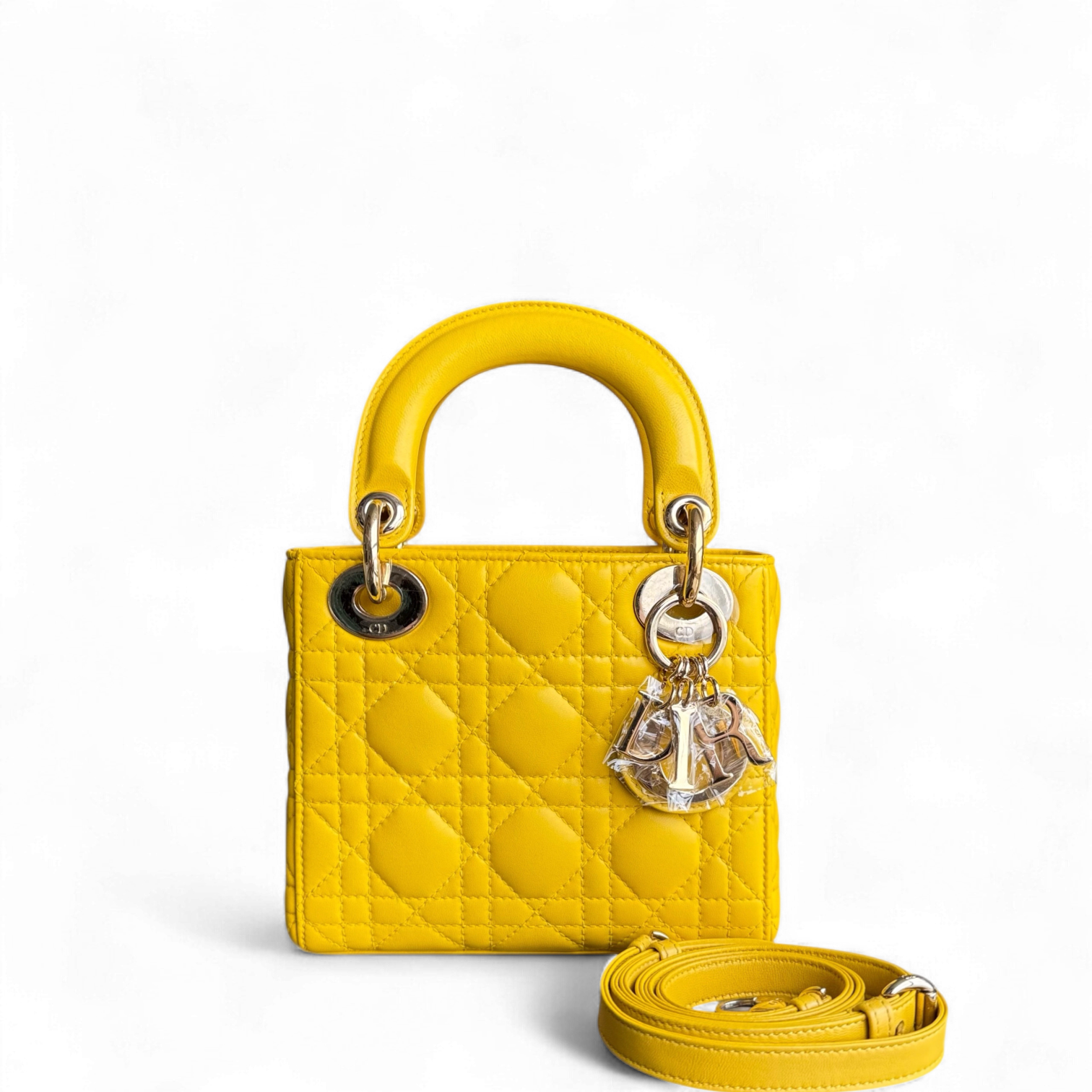 Dior Lady Mini - Cannage Lambskin Yellow Silver Hardware Adjustable Strap