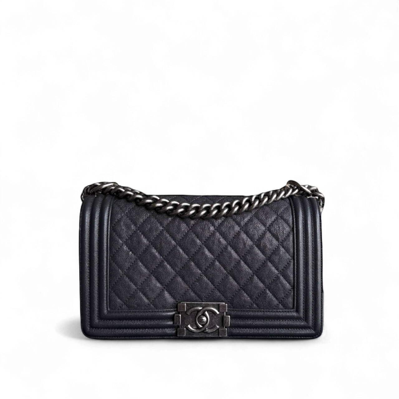 Chanel Boy Medium - Caviar 25CM Quilted Dark Grey Gray Ruthenium Silver Hardware Series 26