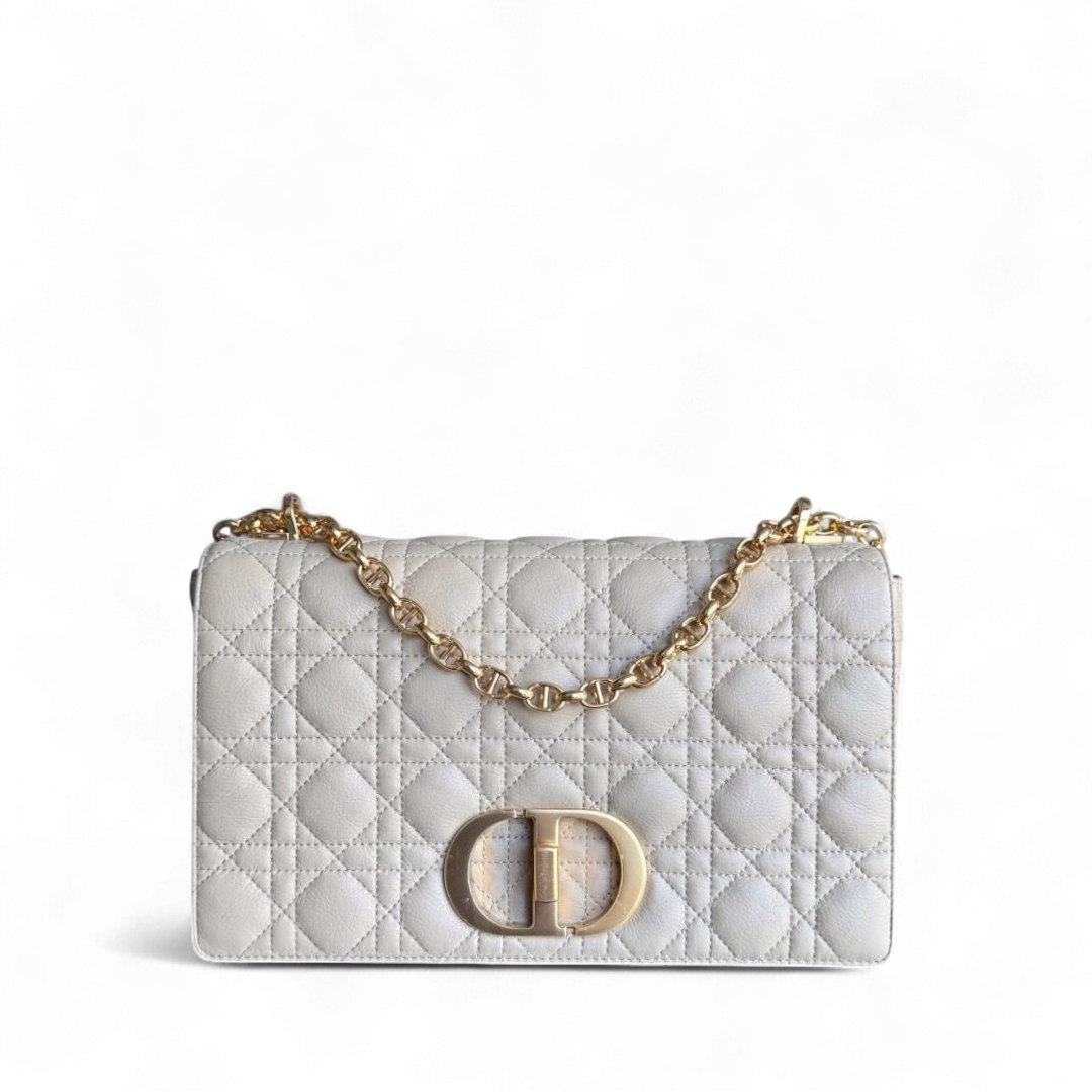 Dior Caro Large - Cannage Grained Calfskin Light Beige Gold Hardware