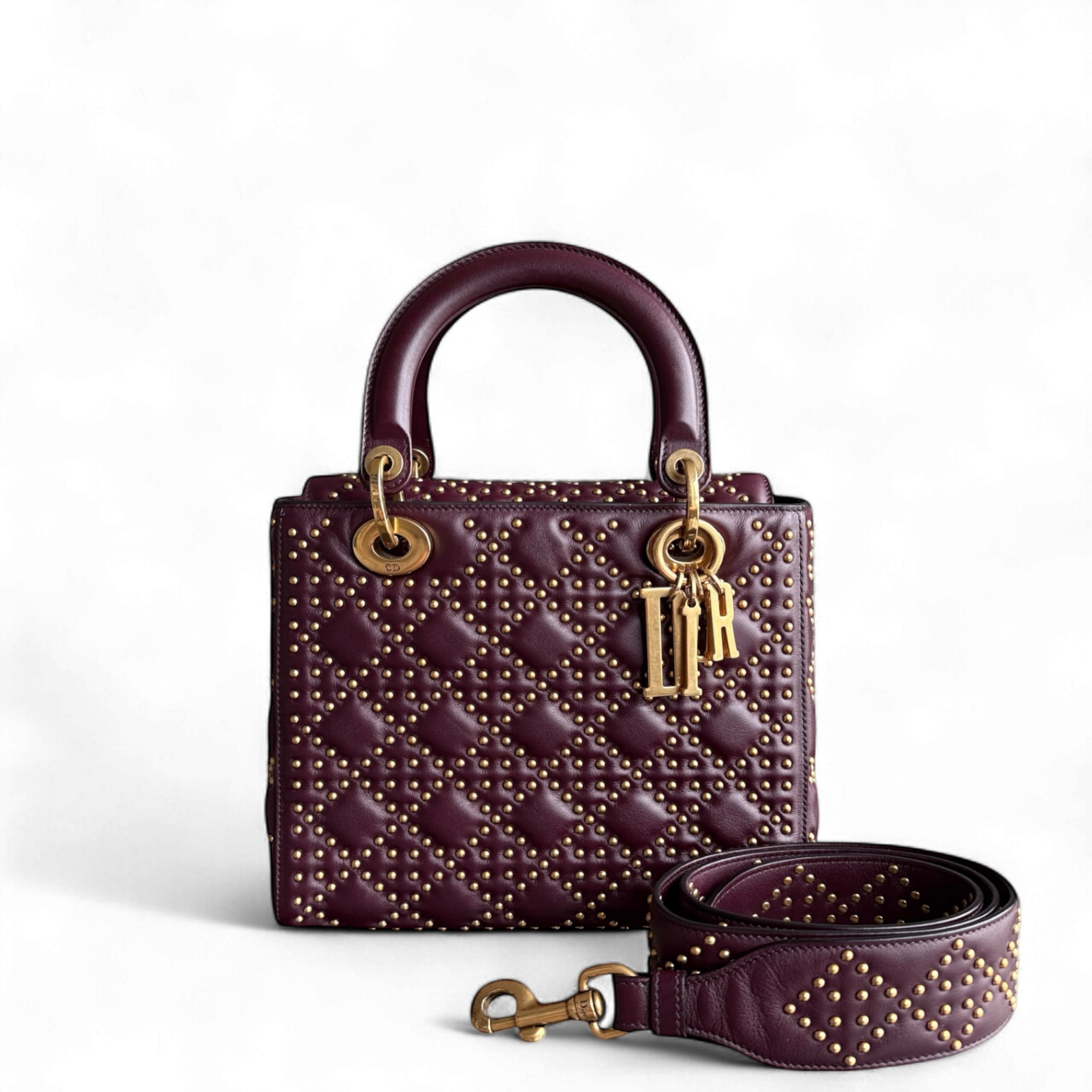 Dior Lady Medium Flap - Studded Cannage Calfskin Burgundy Red Gold Hardware